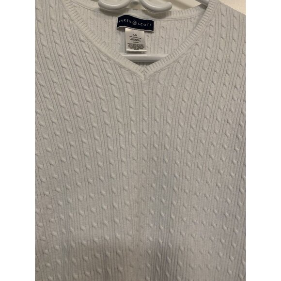 Karen Scott Cable Knit Sweater White V-neck Preppy - Picture 2 of 7